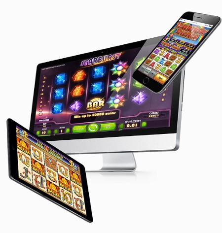 Slots being played on a mobile phone, a tablet and a computer.
